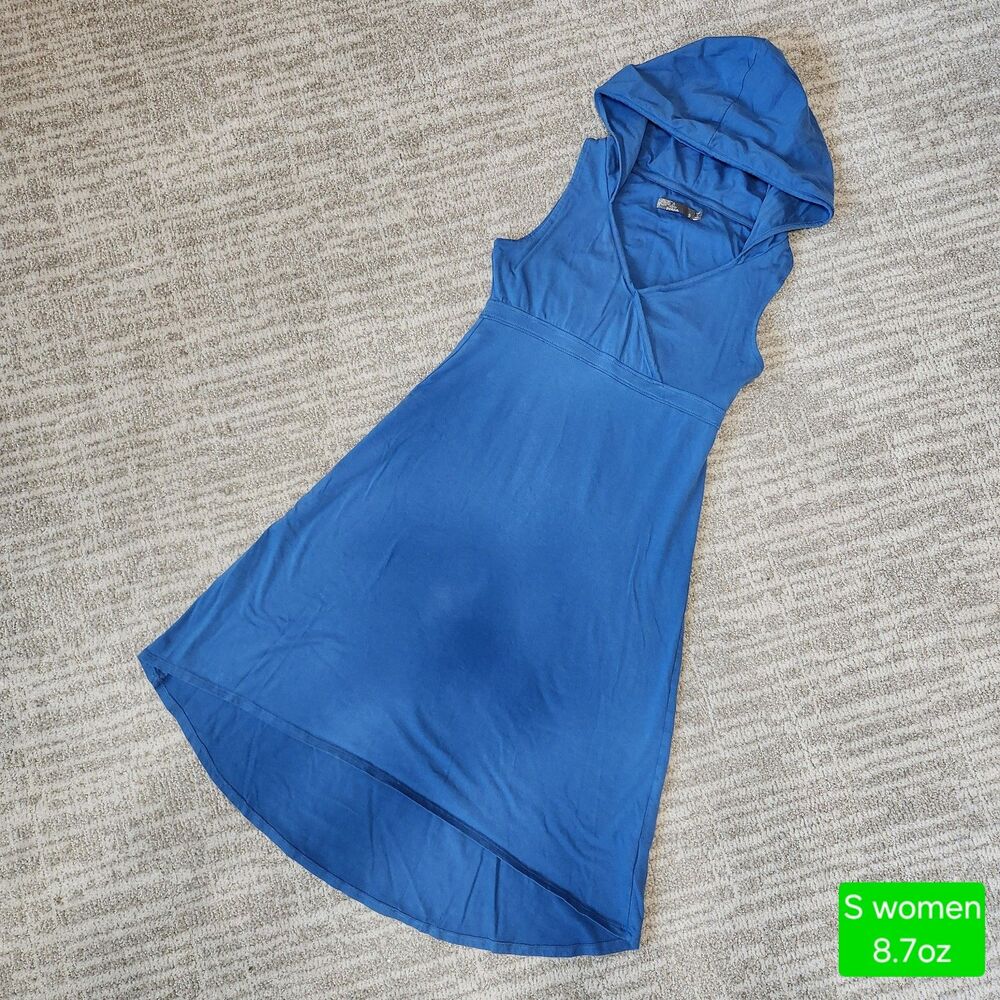 Prana women's Alana hooded sleeveless organic cotton hi-low dress blue size S